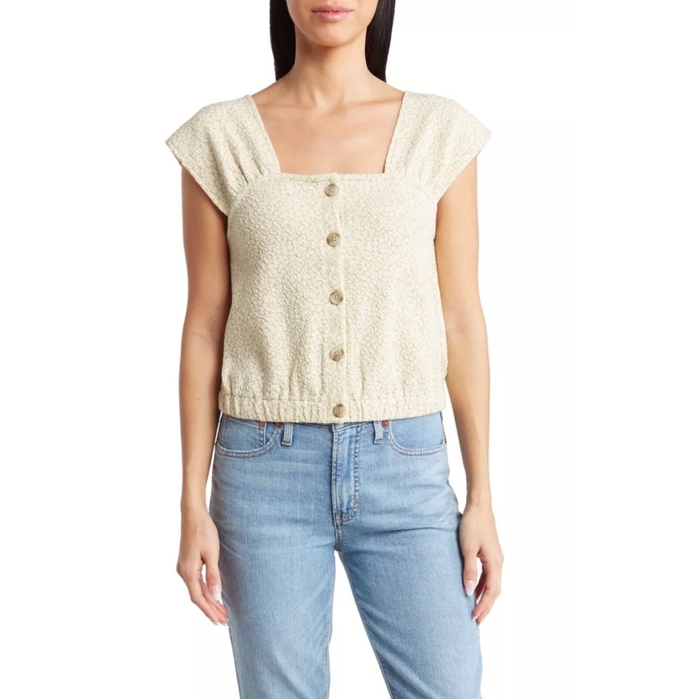 Madewell Floral Jacquard Button-Front Top Preowned XS Faded Seagrass
